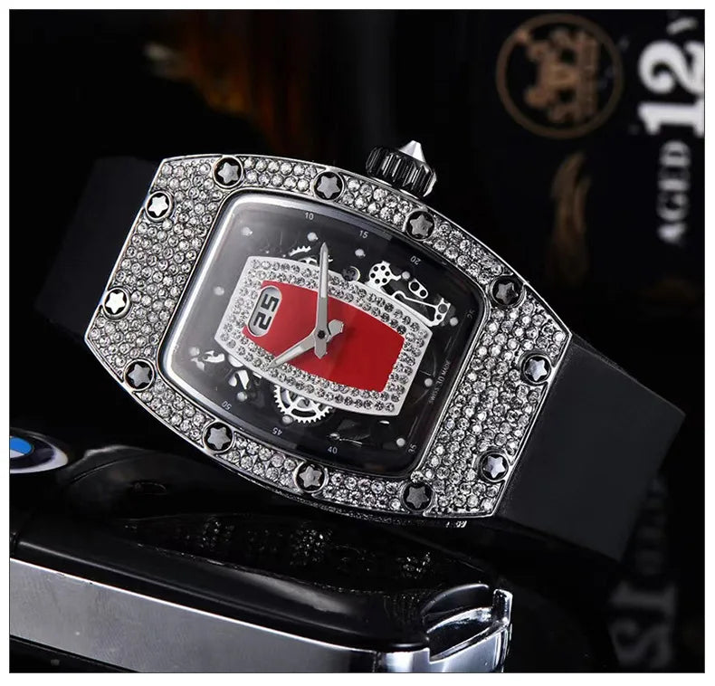 Manufacturer's spot supply, business fashion diamond-set, women's quartz watch red lip wine barrel-shaped watch