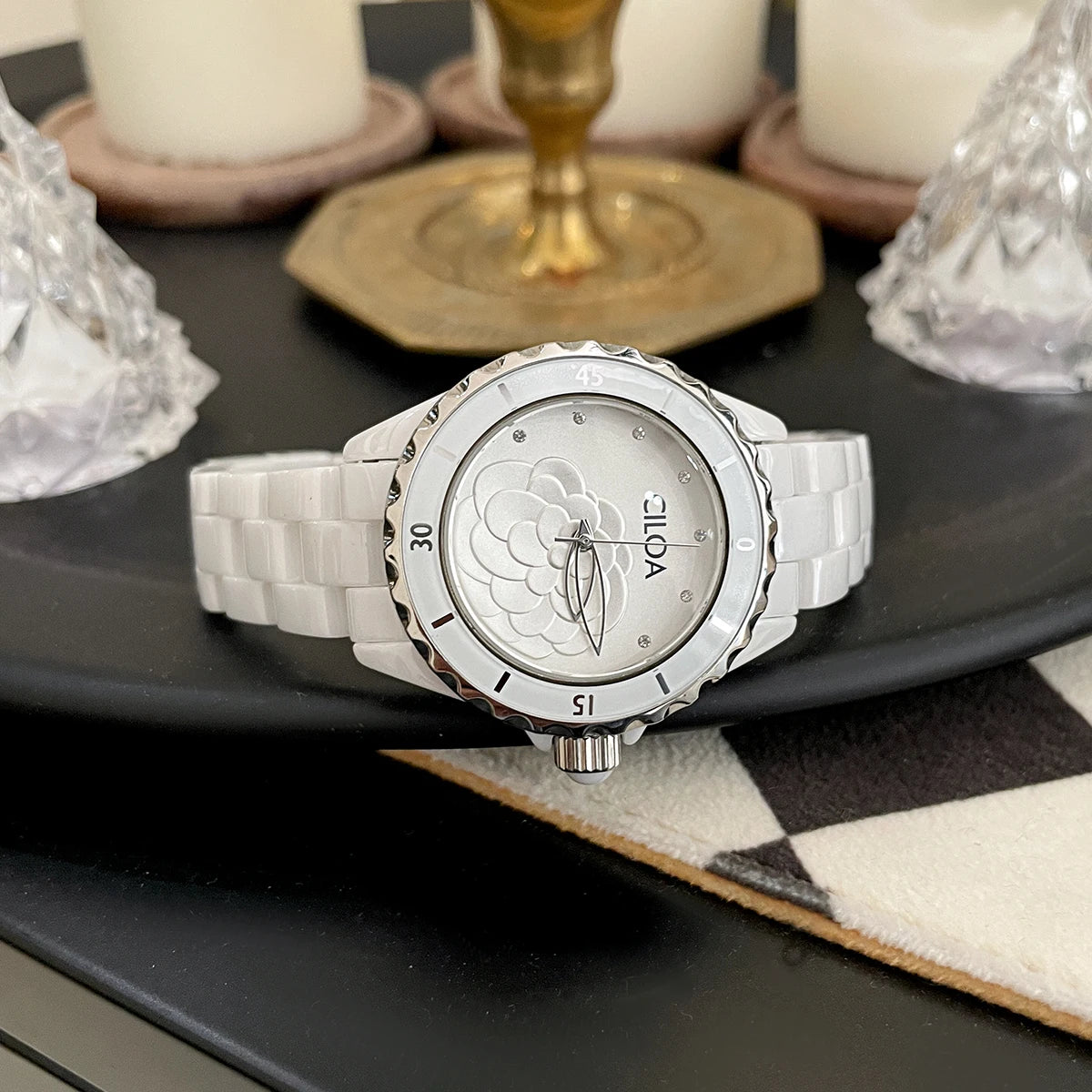 Camellia watch 2025 new women's white ceramic light luxury women's small fragrance style women's watch