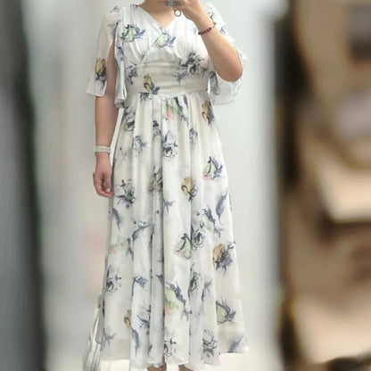 Kuzuwata Elegant V Neck Raglan Sleeve Rose Print Robe Lace Up High Waist Ruched Casual Mujer Japan New Slim Fit Sweet Dresses