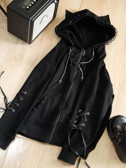 Vintage Kawaii Long Sleeve Loose Coat with Hooded Women Japanese Cute Zipper Sweatshirts Female Casual Y2k Jacket Overcoat Chic