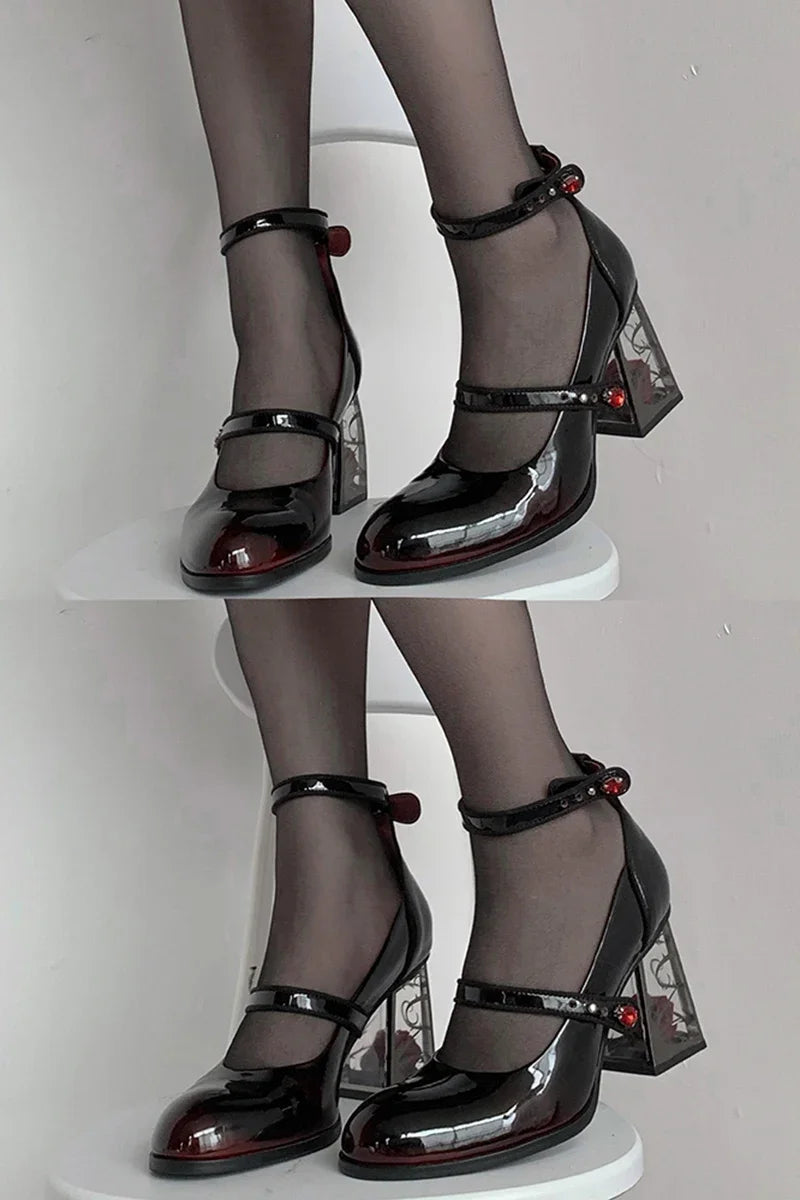 2024 New Punk Gothic High Heels Pumps Women Rose Heeled Patent Leather Lolita Shoes Woman Y2K Ankle Straps Black Mary Jane Shoes