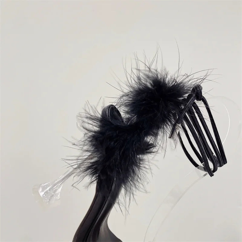 Liyke New Design Crystal Womens Sandals Fashion Fuzzy Feather Summer Transparent High Heels Sexy Party Banquet Shoes Blue White