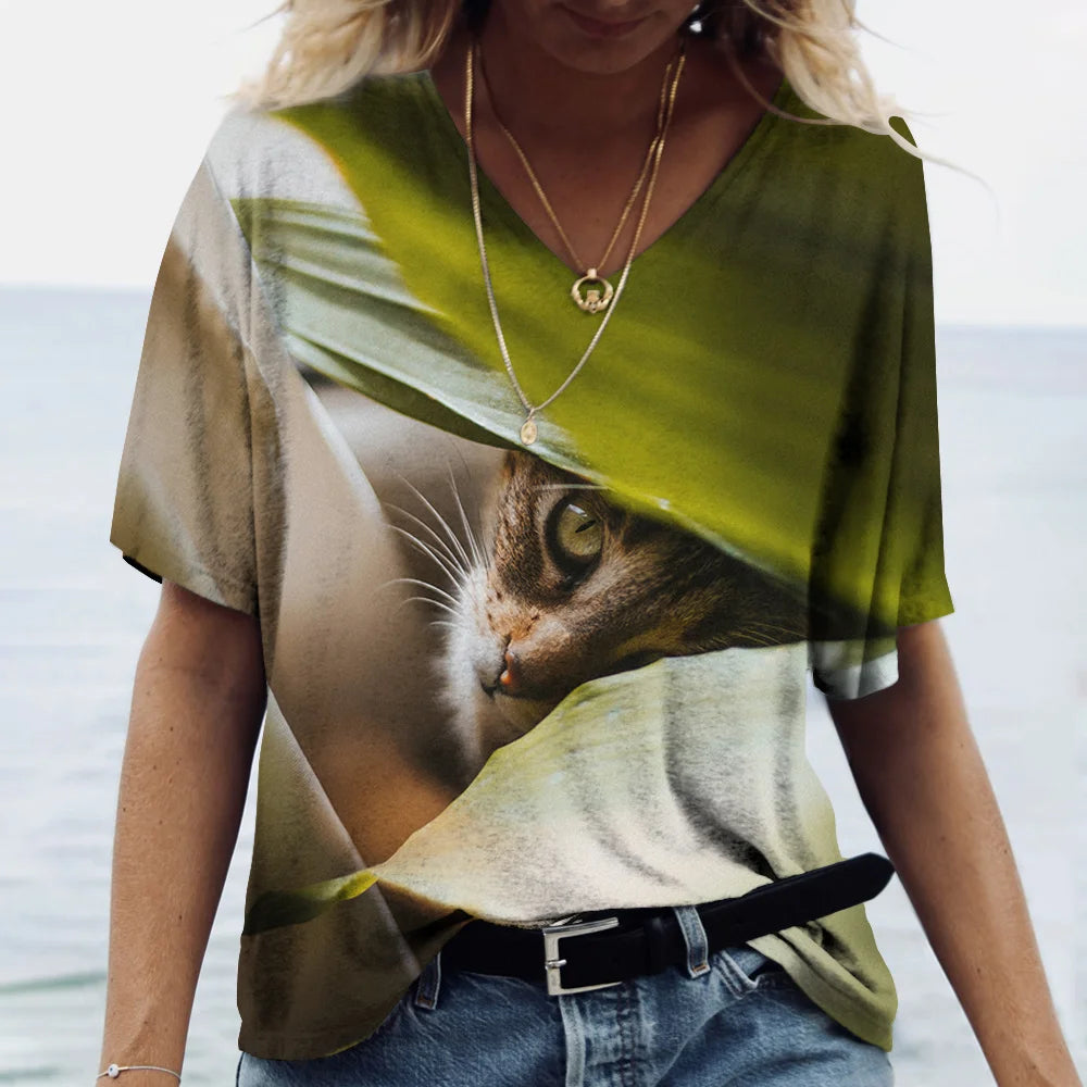 Fashion Women's T-shirt Cat Print Short Sleeve Clothes Female Harajuku Tees Ladies T Shirt Oversized Tops Animal Women Clothing