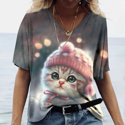 Fashion Women's T-shirt Cat Print Short Sleeve Clothes Female Harajuku Tees Ladies T Shirt Oversized Tops Animal Women Clothing