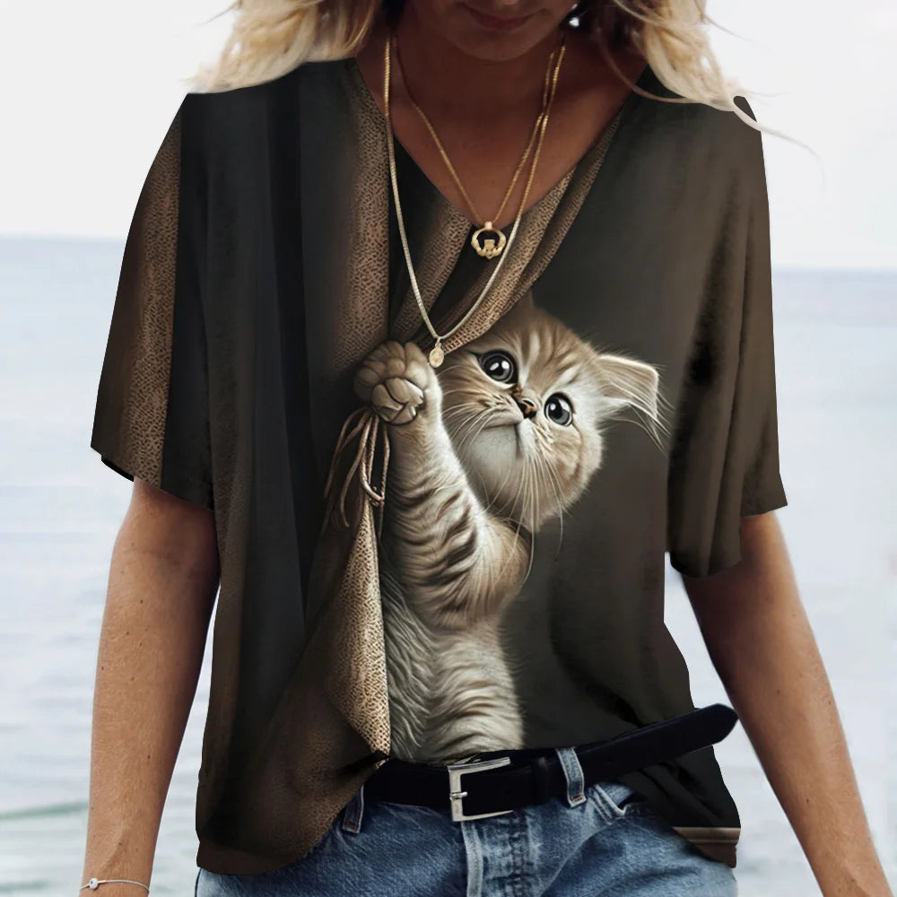 Fashion Women's T-shirt Cat Print Short Sleeve Clothes Female Harajuku Tees Ladies T Shirt Oversized Tops Animal Women Clothing