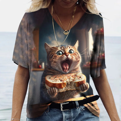 Fashion Women's T-shirt Cat Print Short Sleeve Clothes Female Harajuku Tees Ladies T Shirt Oversized Tops Animal Women Clothing