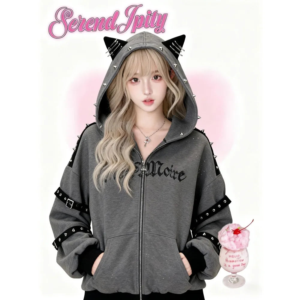 Vintage Kawaii Long Sleeve Loose Coat with Hooded Women Japanese Cute Zipper Sweatshirts Female Casual Y2k Jacket Overcoat Chic