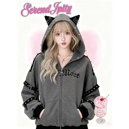 Vintage Kawaii Long Sleeve Loose Coat with Hooded Women Japanese Cute Zipper Sweatshirts Female Casual Y2k Jacket Overcoat Chic