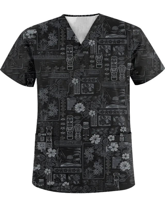 Unisex summer top scrub retro printed work clothes ophthalmology children's center v-neck top pocket t-shirt nurse uniform