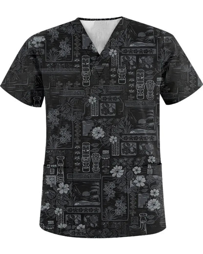 Unisex summer top scrub retro printed work clothes ophthalmology children's center v-neck top pocket t-shirt nurse uniform