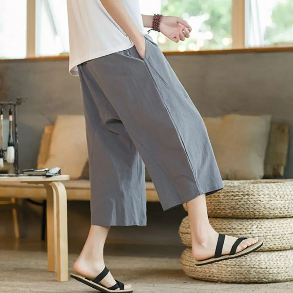 Beach Pants Solid Color Wide Leg Keep Cooling Pure Color Summer Trousers   Men Summer Trousers  Men Garment