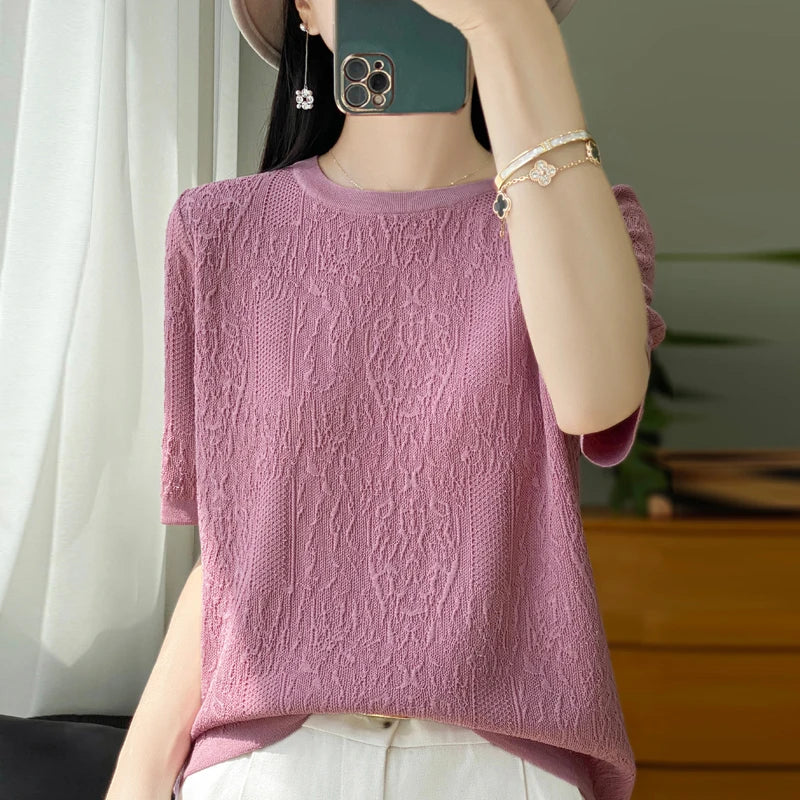 Women's T-shirt Summer Worsted Wool Sweater Short Sleeve Casual Solid Color Ladies' Clothes Round Neck Tops Loose Blouse