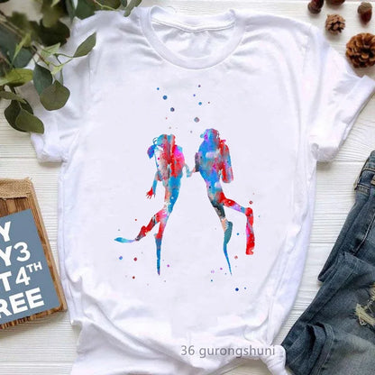 Watercolor Scuba Diving Lover Printed Sports Art Tee Shirt Femme Cute Summer Top Woman Clothes Ropa Mujer Custom Tshirt