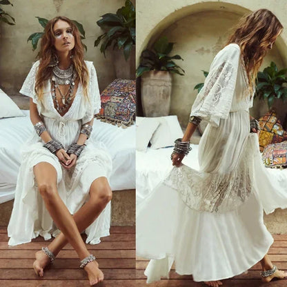 Canwedance New Cotton Lace Dress Beach Summer Maxi Dress Solid Color V-neck Ankle Length Ethnic Boho Vestidos Holiday Robes