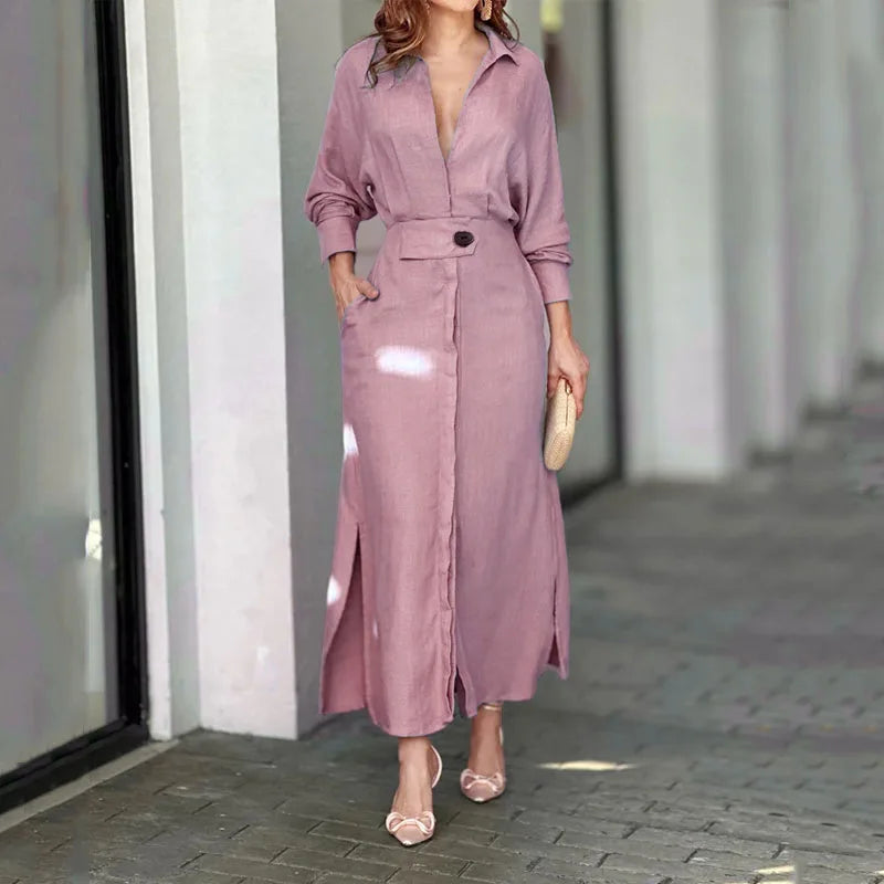 Summer 2025 Women's Commuter Shirt Dress Solid Color Long Sleeve Waist Irregular Design Fashionable Temperament