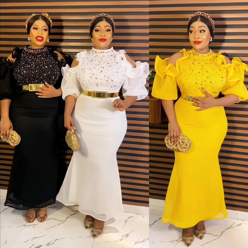 African American evening dress gauze off-the-shoulder belt diamond African mom dress