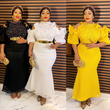 African American evening dress gauze off-the-shoulder belt diamond African mom dress