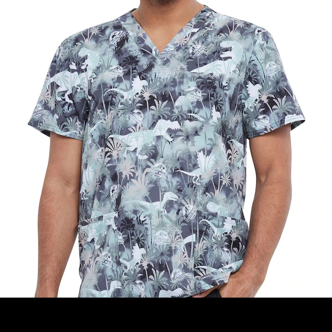 Unisex summer top scrub retro printed work clothes ophthalmology children's center v-neck top pocket t-shirt nurse uniform