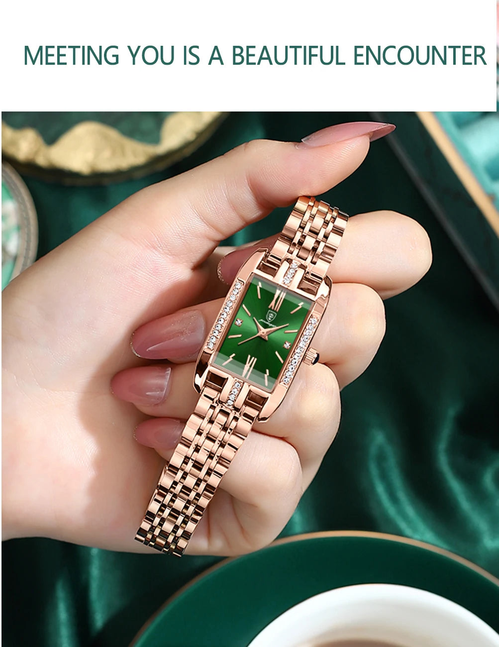 POEDAGAR Women Watch Fashion Luxury Diamond Green Dial Square Quartz Watches Stainless Steel Waterproof Ladies Wristwatch Gift