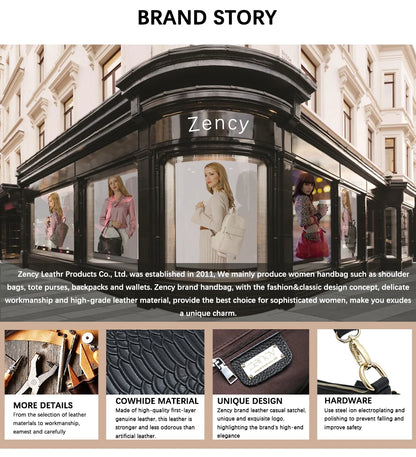 Zency Genuine Leather Top-handle Bag For Women Luxury Designer Crossbody Bag Zipper Purse Elegant OL Handbag 2025 New Shoulder