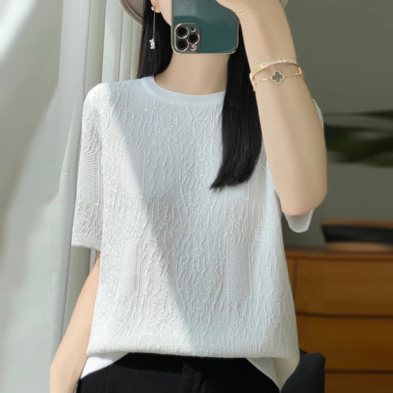 Women's T-shirt Summer Worsted Wool Sweater Short Sleeve Casual Solid Color Ladies' Clothes Round Neck Tops Loose Blouse