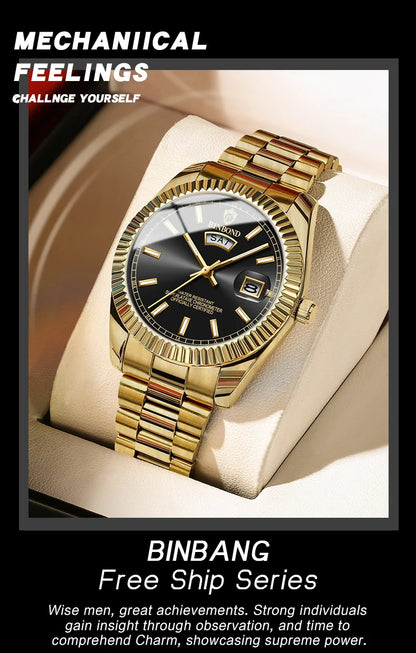 BINBOND Mens Quartz Watch Top Brand Sports Quartz Mens Watches Stainless Steel Waterproof Date Week Wristwatch Men Relogio