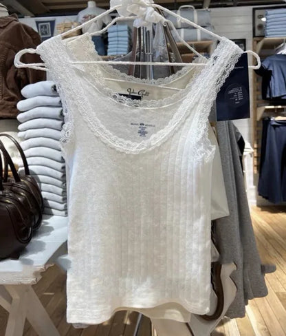 Retro Patchwork Ribbed Cotton Tops Women Summer Sweet Ruffle Square Collar Sleeveless Bow Camis Vintage Chic Slim Crop Top 2024