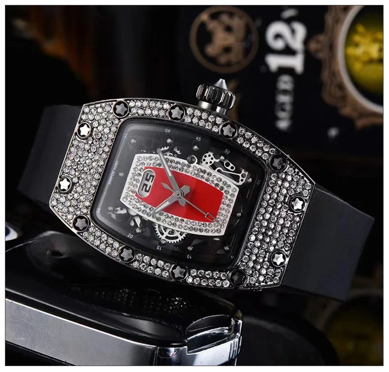 Manufacturer's spot supply, business fashion diamond-set, women's quartz watch red lip wine barrel-shaped watch