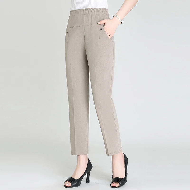 Middle Aged Women's Pants Summer Thin High Waiste Elastic Loose Straight Pants Female Casual Trousers 5XL 6XL 7XL 8XL