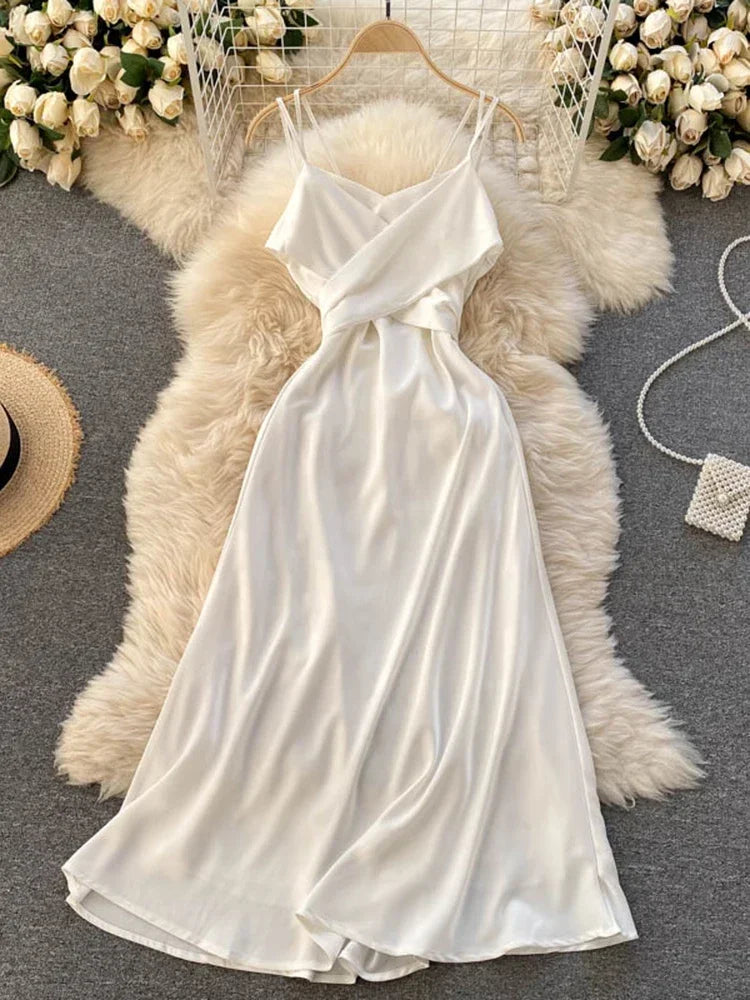 Summer European American Fashion New Vacation Beach Dress Women's Cross V-neck Sexy Strapless Strap Slim Party Dress C726