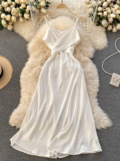 Summer European American Fashion New Vacation Beach Dress Women's Cross V-neck Sexy Strapless Strap Slim Party Dress C726