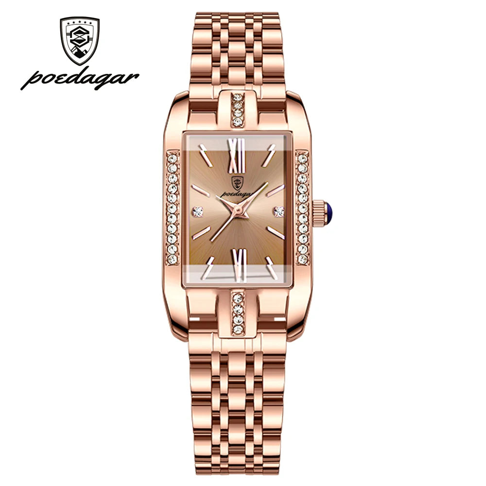 POEDAGAR Women Watch Fashion Luxury Diamond Green Dial Square Quartz Watches Stainless Steel Waterproof Ladies Wristwatch Gift