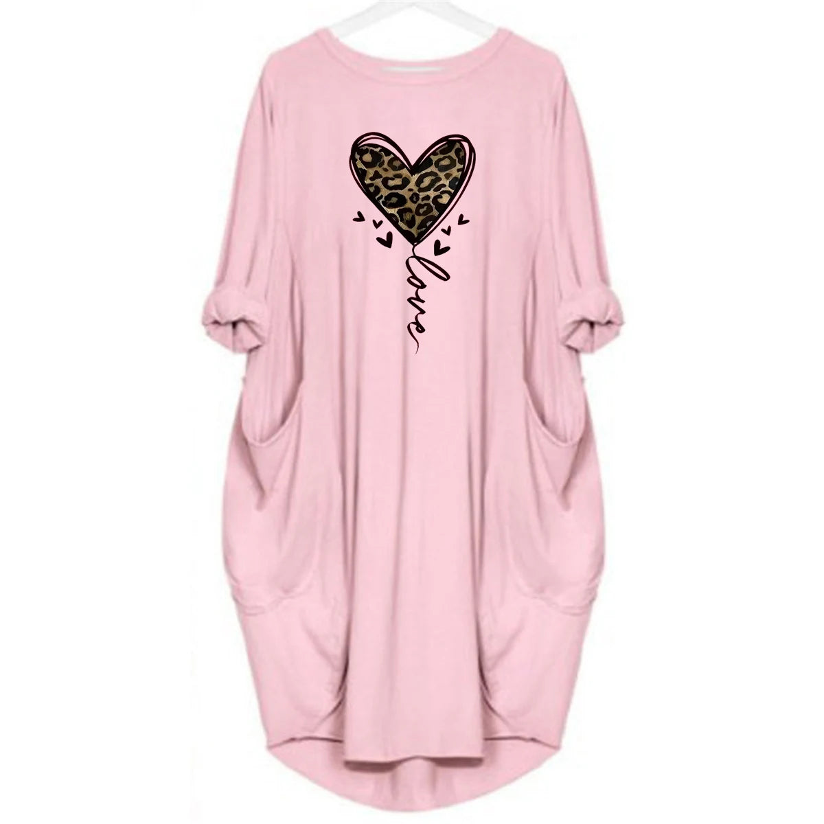 Women's spring and summer leopard print heart-shaped print casual and fashionable loose plus size long sleeved pocket dress