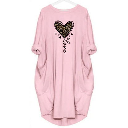Women's spring and summer leopard print heart-shaped print casual and fashionable loose plus size long sleeved pocket dress