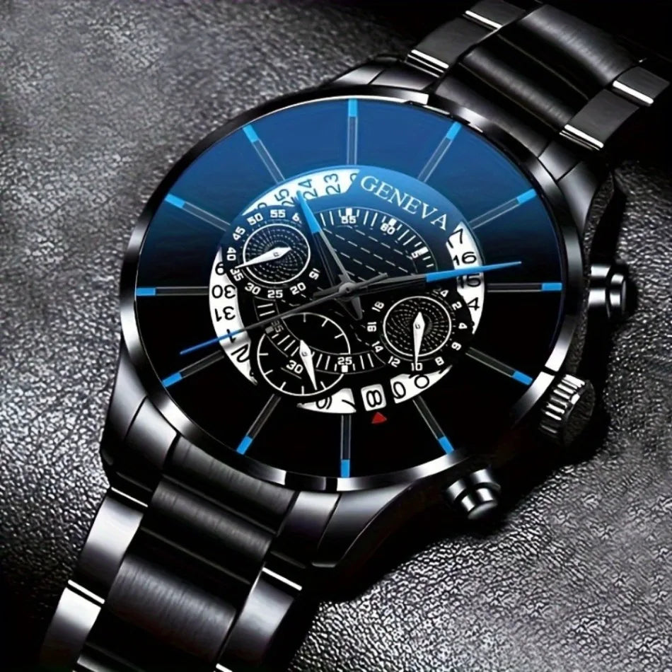 3 Piece  Men's Watch Set Fashionable Men's Business Quartz Alloy Classic Watch and Bracelet Pendant Is The Ideal Gift for Men