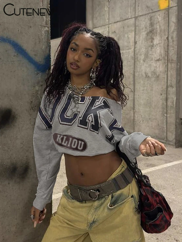 Cutenew Letter Print Women Sweatshirts Casual Incline Shoulder Full Sleeve Loose Tops Track Daily Female Streetwear New Clothing