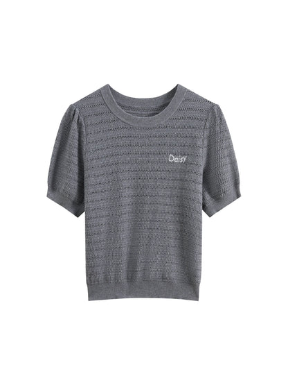 FSLE Round Neck Hollow Texture Knitted T-shirt Women 2025 Summer New Style Pullover Versatile Casual Short-sleeved Top 25FS12090