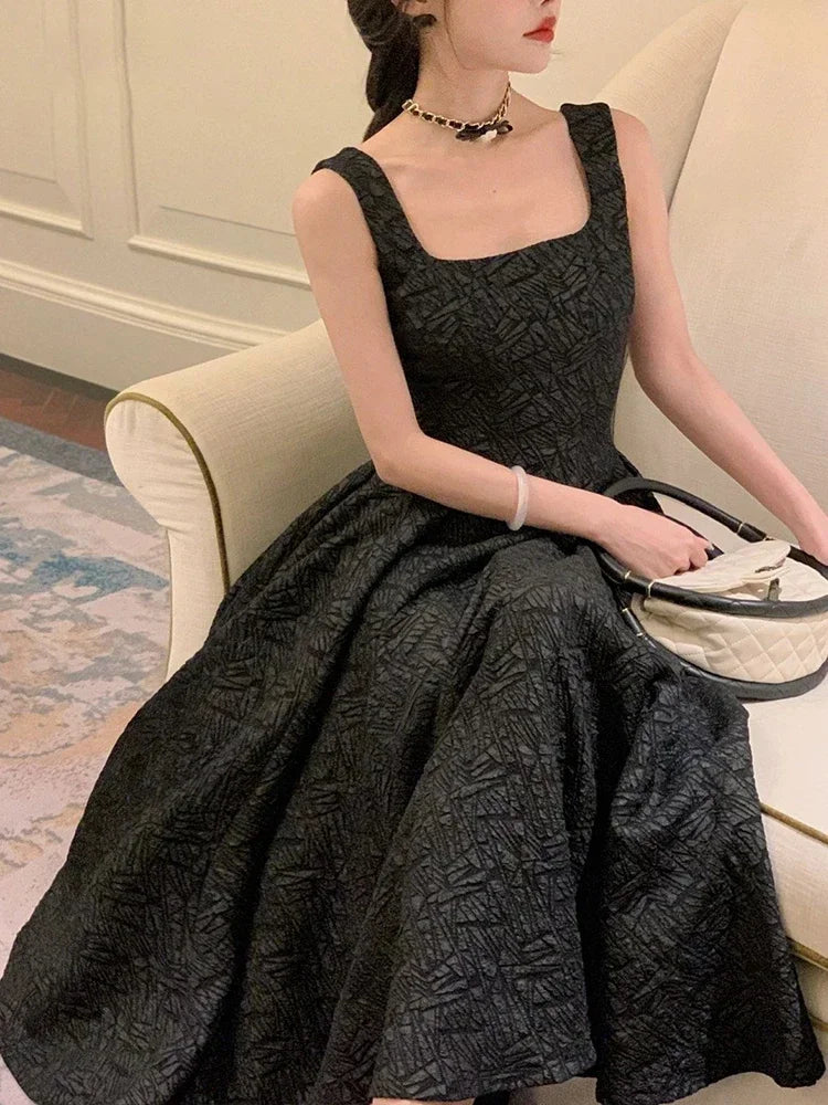 Summer Women Evening Party Solid Color Waist Collection A-line Tank Top Dress Vintage Elegant Lady Sleeveless Mid Length Dress