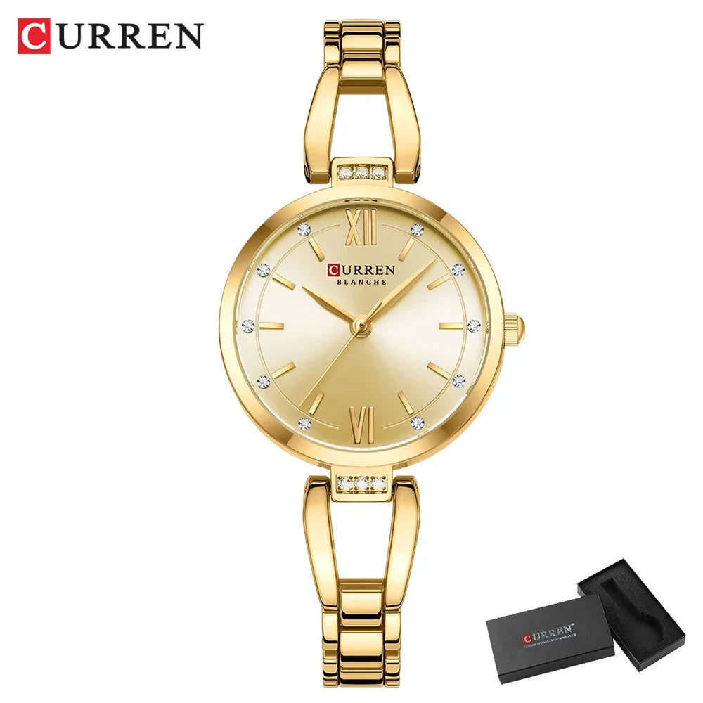 CURREN Luxury Elegance Ladies Watch with Sparkling Rhinestones Simple Quartz Stainless Steel Bracelet Wristwatch