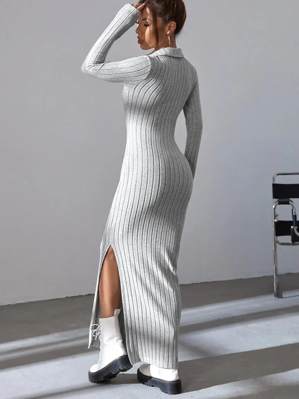 Spring and Summer 2024 New Style Knitted Slim Lapel Long Sleeve Dress Pit Strip Solid Color Tight Skirt