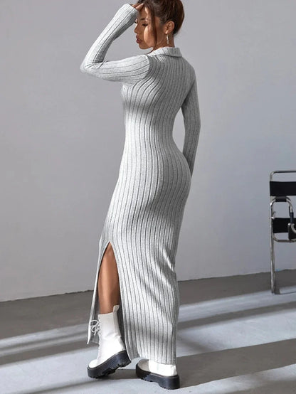 Spring and Summer 2024 New Style Knitted Slim Lapel Long Sleeve Dress Pit Strip Solid Color Tight Skirt