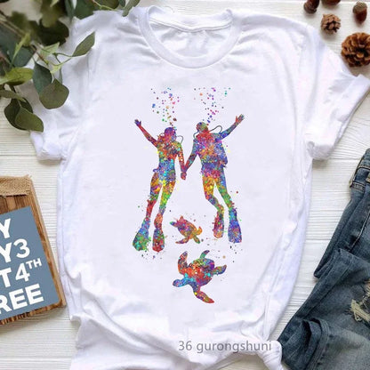 Watercolor Scuba Diving Lover Printed Sports Art Tee Shirt Femme Cute Summer Top Woman Clothes Ropa Mujer Custom Tshirt