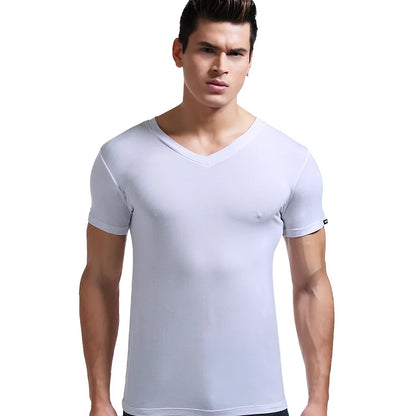Modal summer round neck tight men's short sleeve V-neck T-shirt solid color vest T-shirt slim-fit sports undershirt