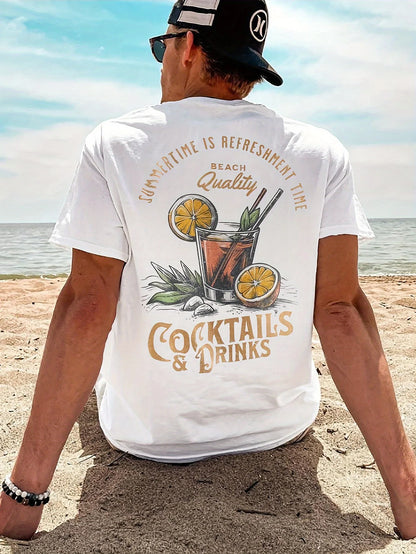 COCKTAILS DRINKS Printed T-shirt Men Summer Beach Short Sleeved Tops Unisex Casual Loose T Shirts Street Men's Cotton Tees