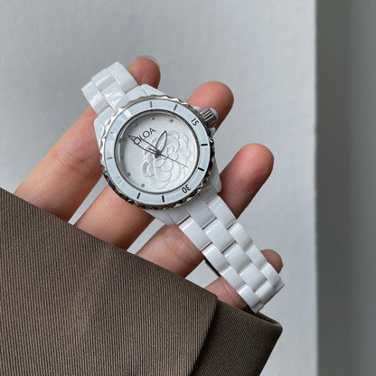 Camellia watch 2025 new women's white ceramic light luxury women's small fragrance style women's watch