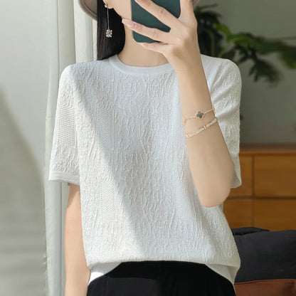 Women's T-shirt Summer Worsted Wool Sweater Short Sleeve Casual Solid Color Ladies' Clothes Round Neck Tops Loose Blouse