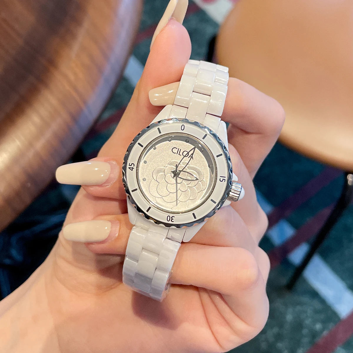 Camellia watch 2025 new women's white ceramic light luxury women's small fragrance style women's watch