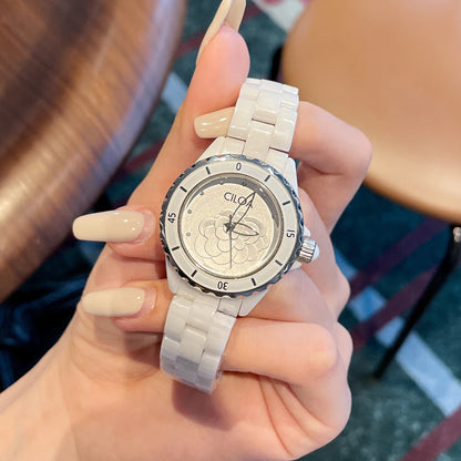 Camellia watch 2025 new women's white ceramic light luxury women's small fragrance style women's watch
