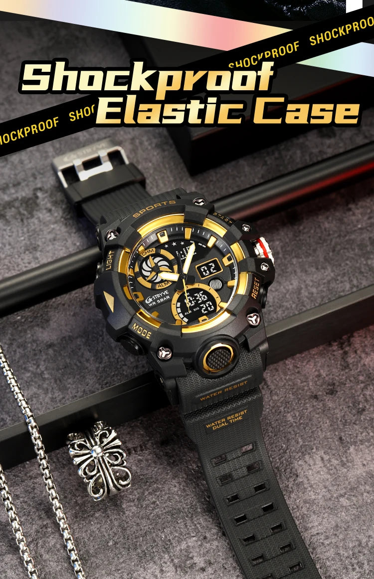 STRYVE Top Brand Electronic Watch For Men Outdoor Sports Waterproof Dual Time Display Quartz Wristwatches Rubber reloj hombre