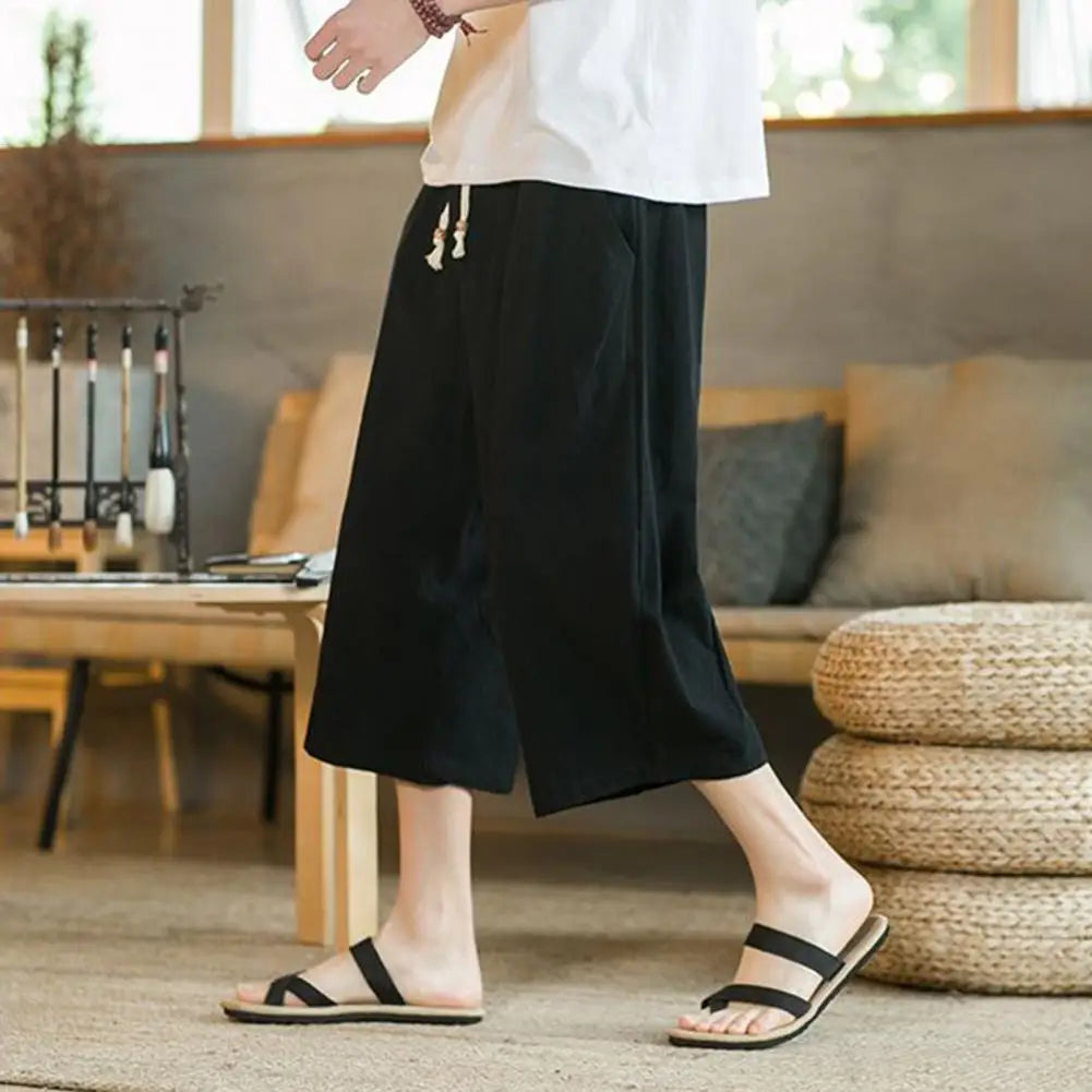 Beach Pants Solid Color Wide Leg Keep Cooling Pure Color Summer Trousers   Men Summer Trousers  Men Garment